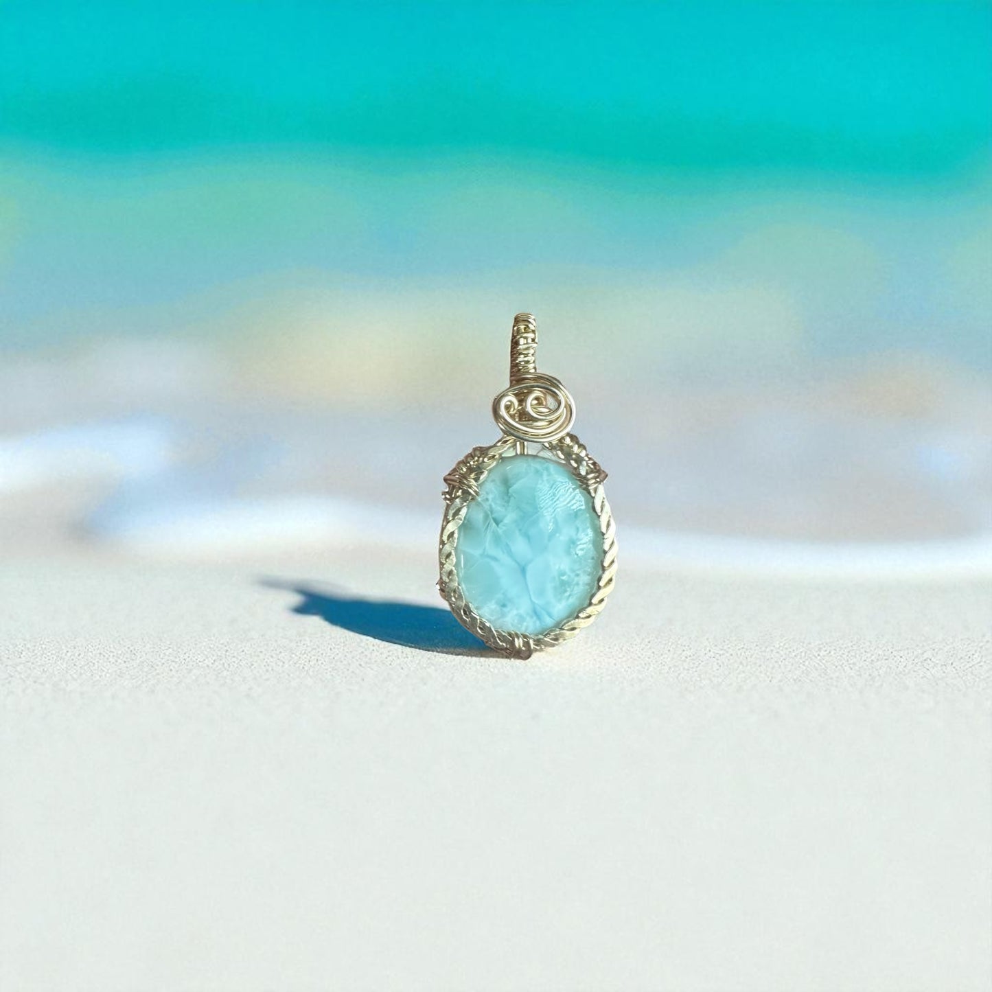 14KT Gold Filled Wire Wrapped Larimar Crystal Pendant