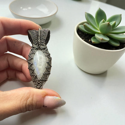 Sterling Silver Intricate Wire Wrapped Moonstone Crystal Pendant