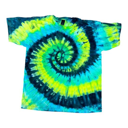Youth XL Blue Green and Yellow Green Spiral Ice Dye Tie Dye Shirt