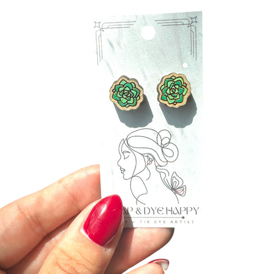 Hypoallergenic Hand Painted Round Succulent Laser Engraved Wood Stud Earrings