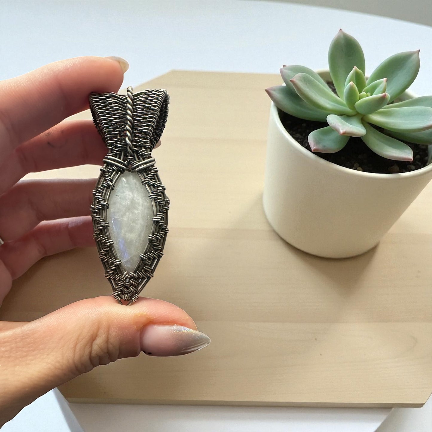 Sterling Silver Intricate Wire Wrapped Moonstone Crystal Pendant
