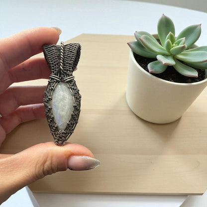 Sterling Silver Intricate Wire Wrapped Moonstone Crystal Pendant