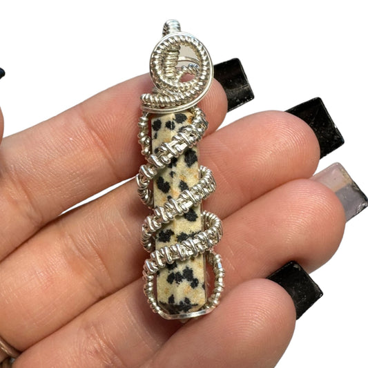 Sterling Silver Dalmatian Japser Coiled Cage Crystal Pendant