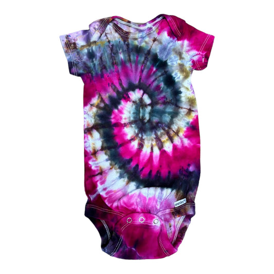 Infant 6-9 Months Black Yellow Purple and Brown Spiral Ice Dye Tie Dye Onesie