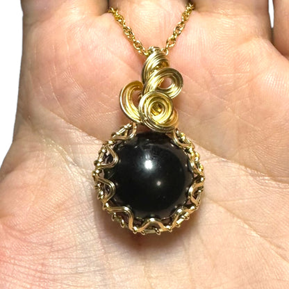 Sterling Silver | 14KT Gold Filled Wire Wrapped Obsidian Crystal Fidget Bezel Pendant