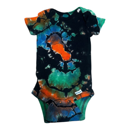 Infant 3-6 Months Black Blue Orange and Green Reverse Geode Ice Dye Tie Dye Onesie