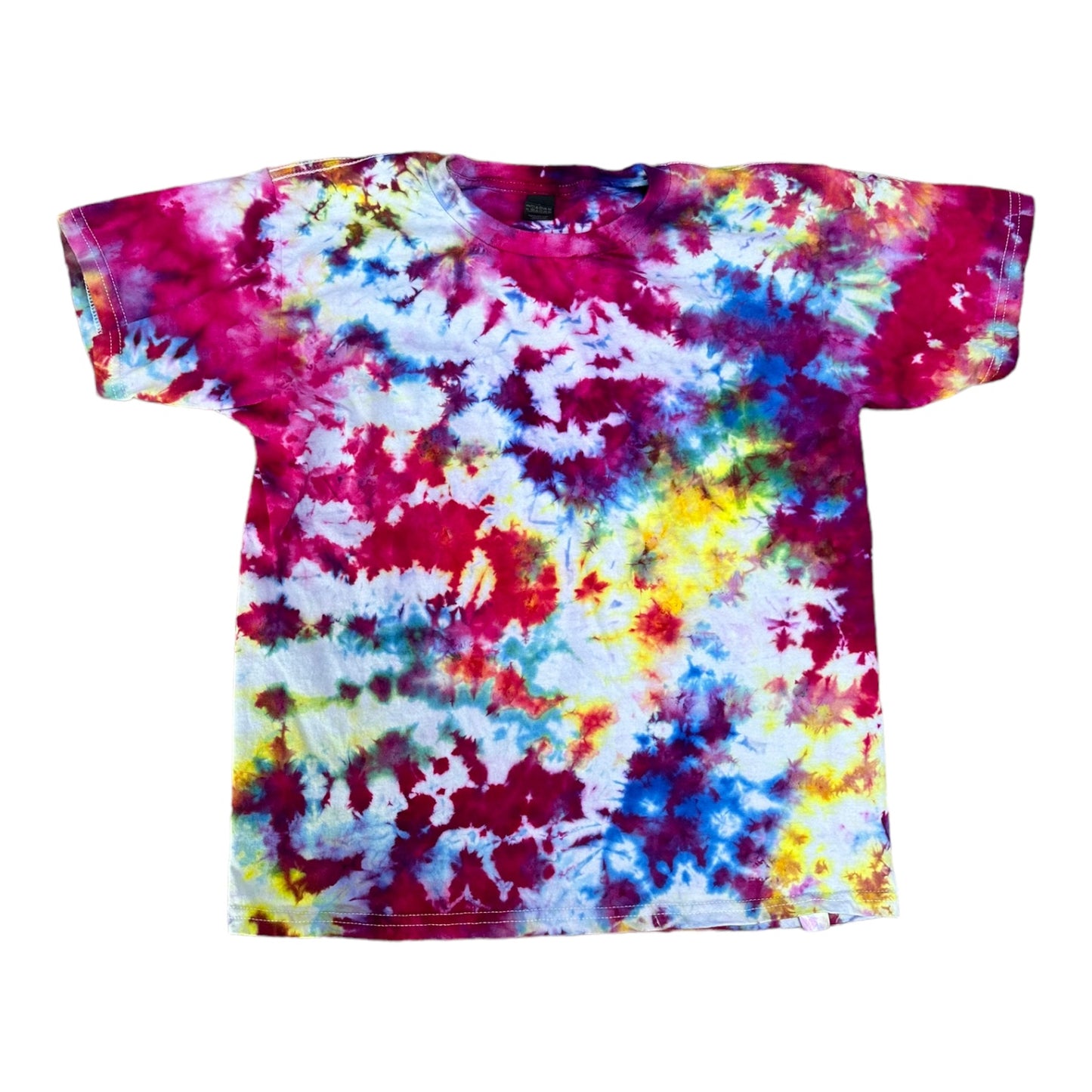 Youth XL Blue Green Hot Pink Purple and Yellow Scrunch Ice Dye Tie Dye Shirt