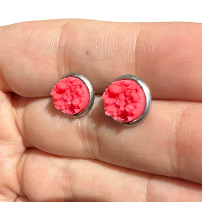 8MM Hypoallergenic Coral Faux Druzy Earring Studs