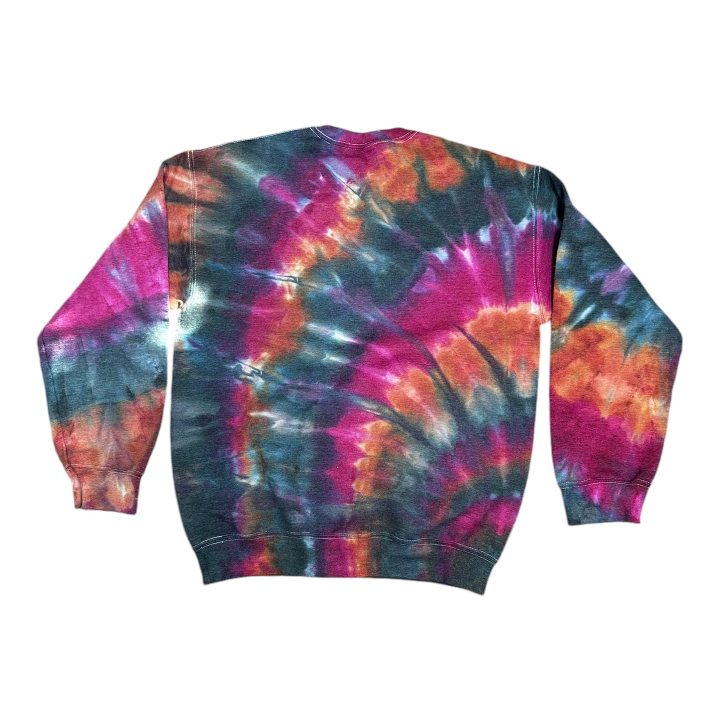 Adult Medium Black Fuchsia and Red Orange Spiral Ice Tie Dye Crewneck Sweater