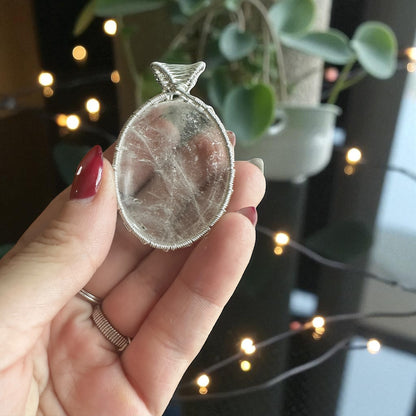Sterling Silver Wire Wrapped Clear Quartz Worry Stone Crystal Pendant