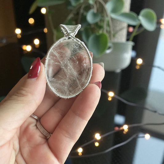 Sterling Silver Wire Wrapped Clear Quartz Worry Stone Crystal Pendant