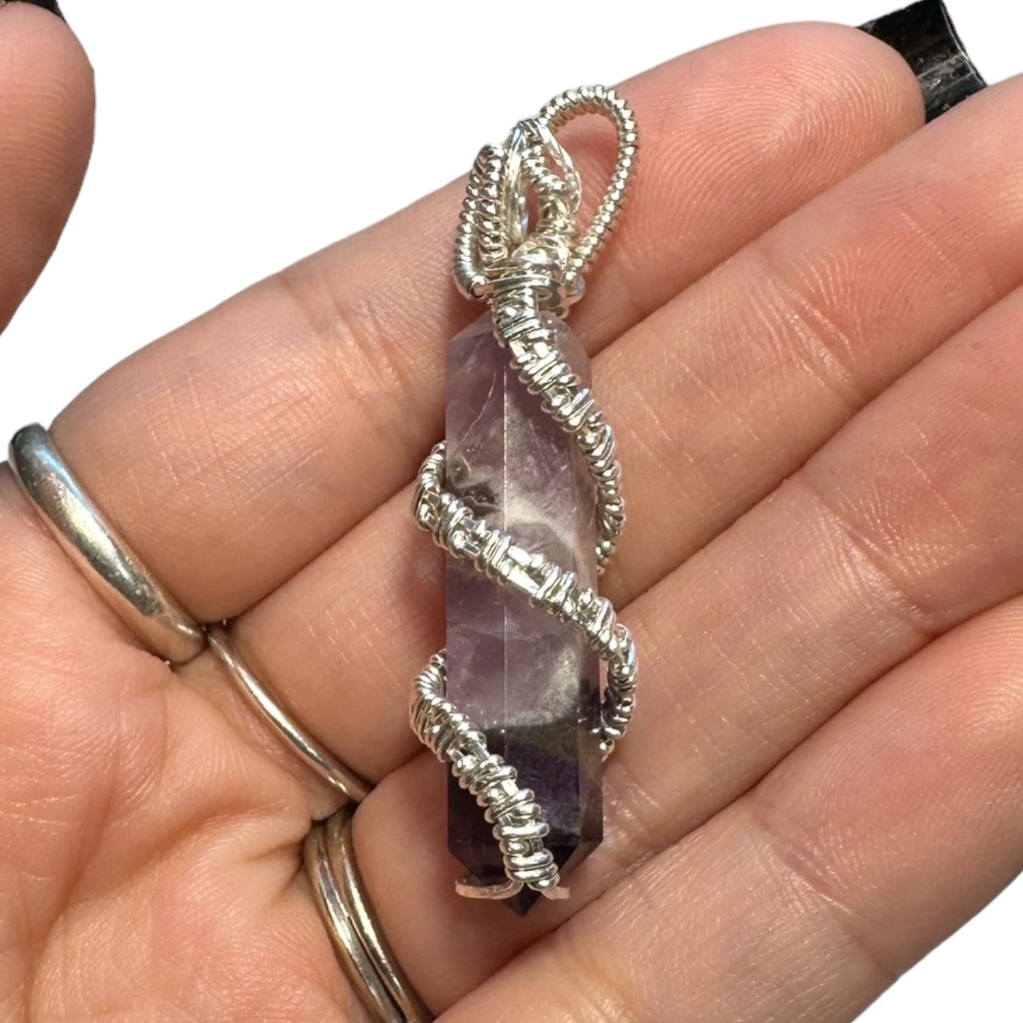 Sterling Silver Amethyst Coiled Cage Crystal Pendant