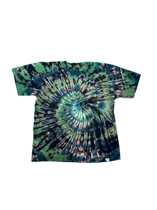 Youth Medium Green and Blue Spiral Reverse Tie Dye Shirt