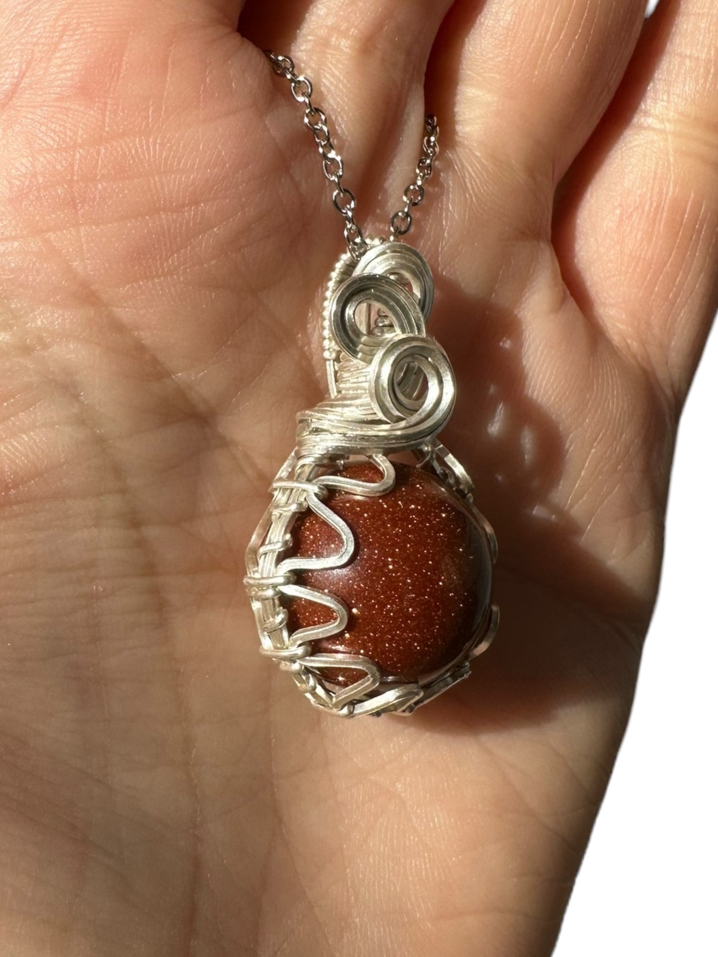 Sterling Silver Wire Wrapped Goldstone Crystal Fidget Bezel Pendant