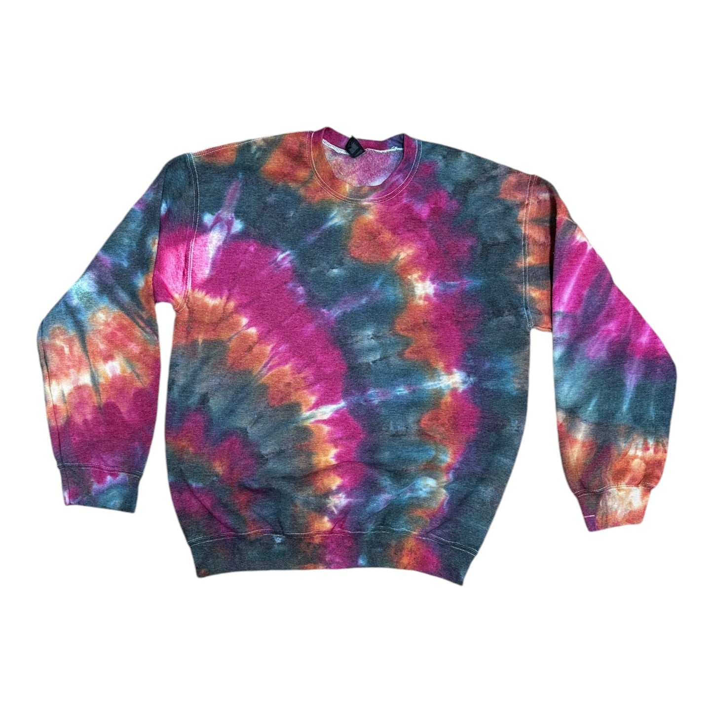 Adult Medium Black Fuchsia and Red Orange Spiral Ice Tie Dye Crewneck Sweater