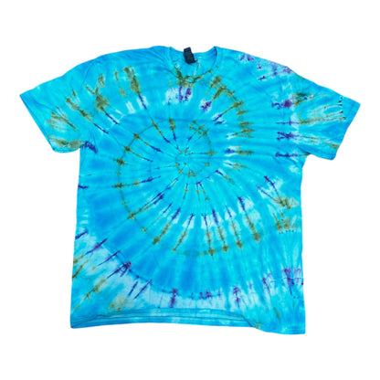 Adult XL Blue Purple Pink and Green Spiral Ice Dye Tie Dye T-Shirt