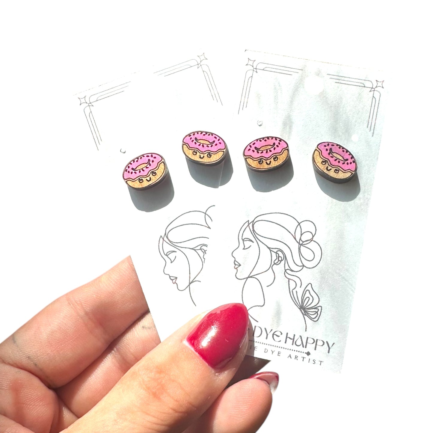 Hypoallergenic Hand Painted Donut Laser Engraved Wood Stud Earrings