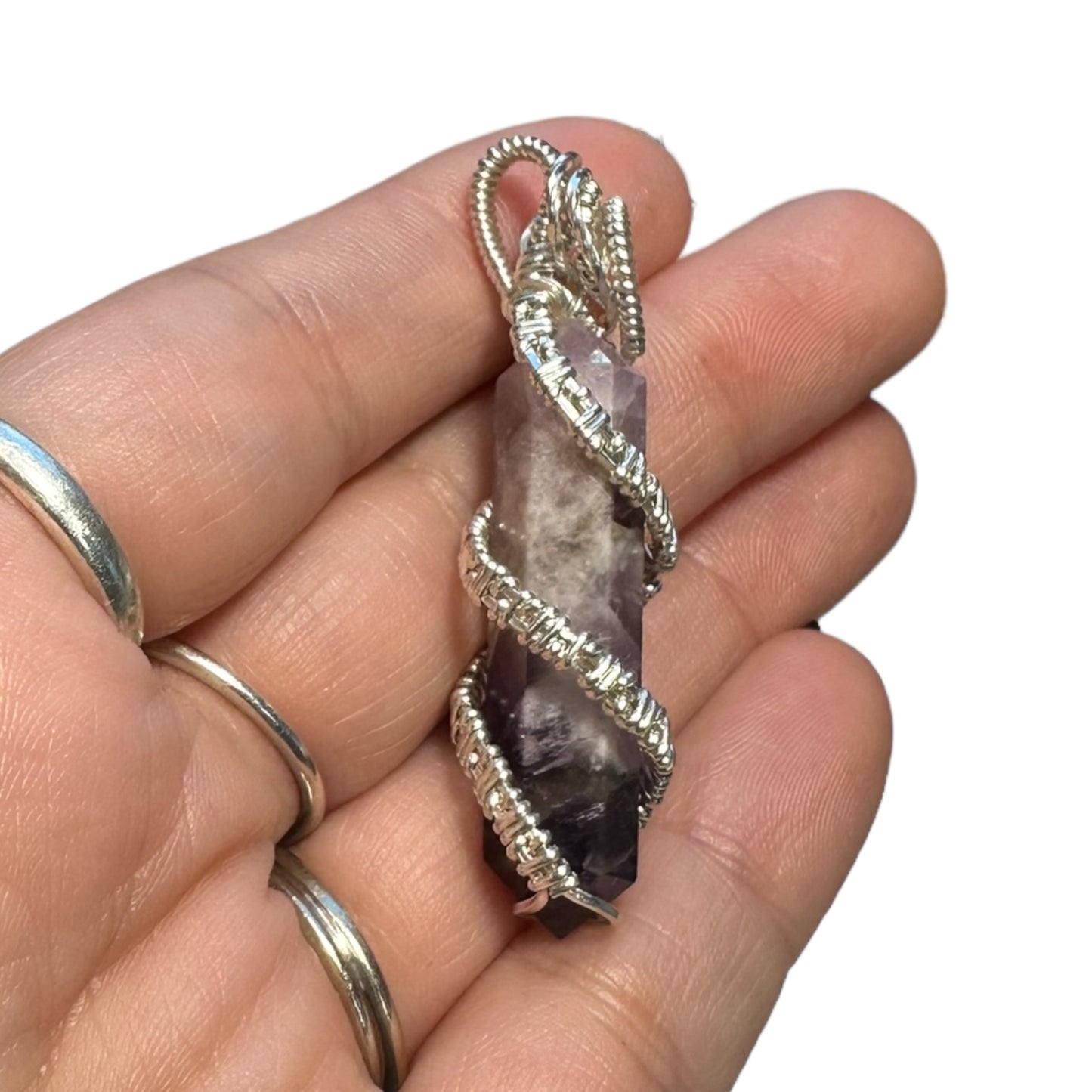 Sterling Silver Amethyst Coiled Cage Crystal Pendant