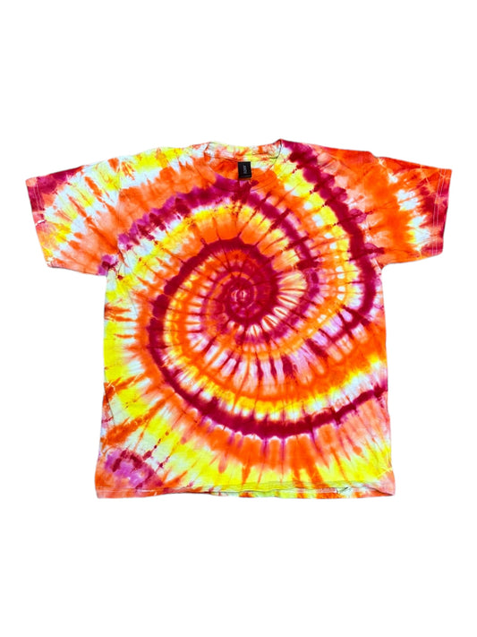 Youth Large Red Orange and Yellow Spiral Ice Dye Tie Dye Shirt
