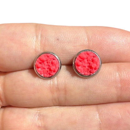 8MM Hypoallergenic Coral Faux Druzy Earring Studs