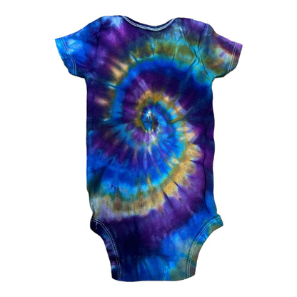 Infant 12 Months Blue Green Yellow and Purple Spiral Ice Dye Tie Dye Onesie