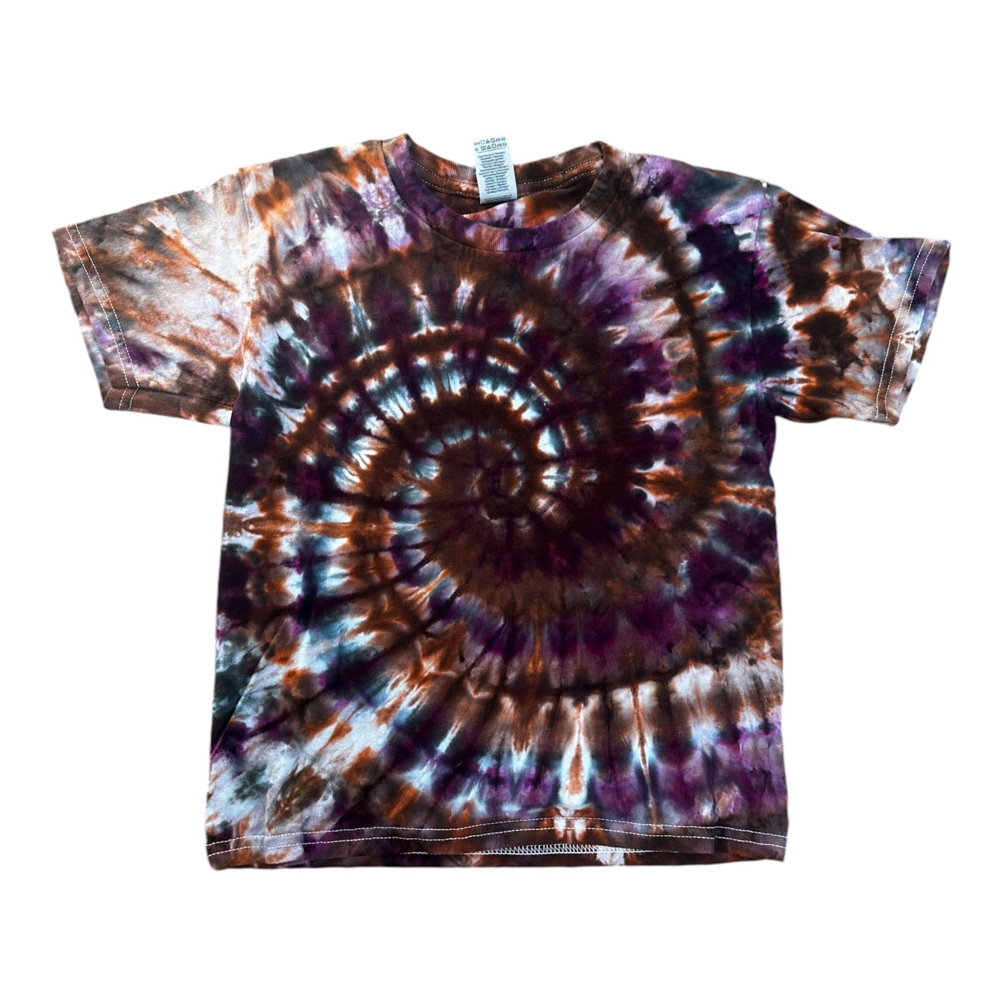 Youth XS Purple Brown and Orange Ice Spiral Ice Dye Tie Dye Shirt