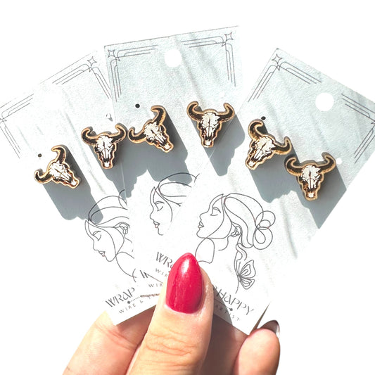Hypoallergenic Hand Painted Bull Skull Laser Engraved Wood Stud Earrings