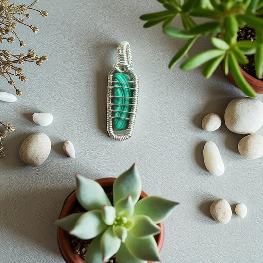 Sterling Silver Wire Wrapped Malachite Crystal Pendant