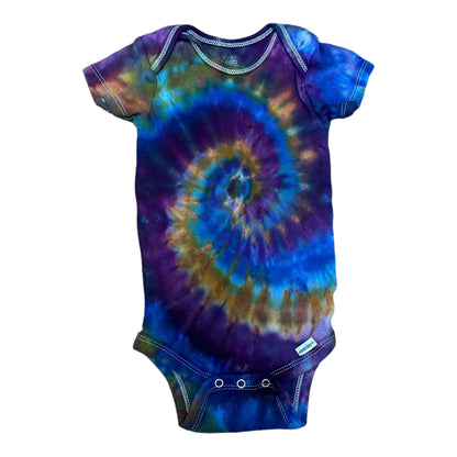 Infant 12 Months Blue Green Yellow and Purple Spiral Ice Dye Tie Dye Onesie