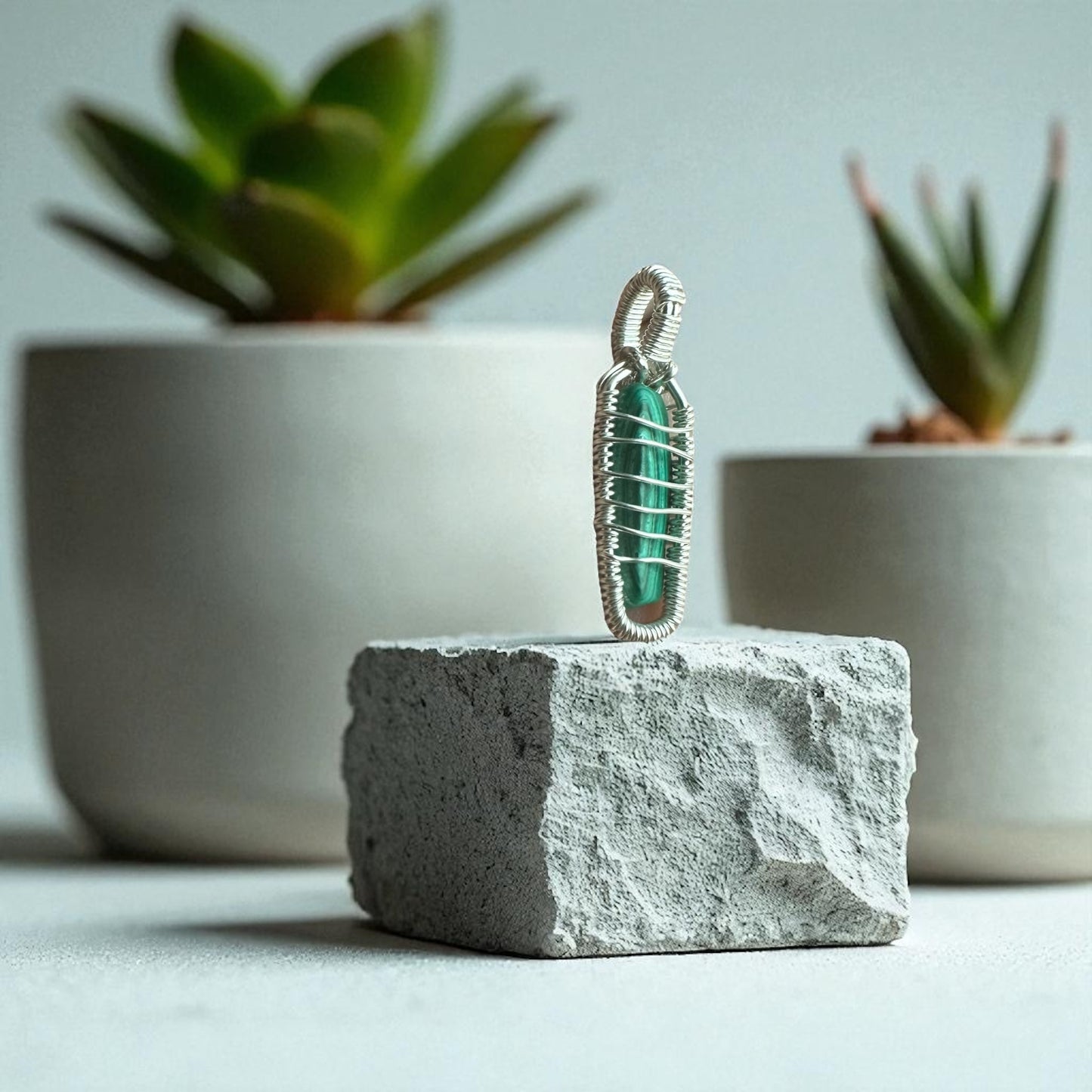 Sterling Silver Wire Wrapped Malachite Crystal Pendant