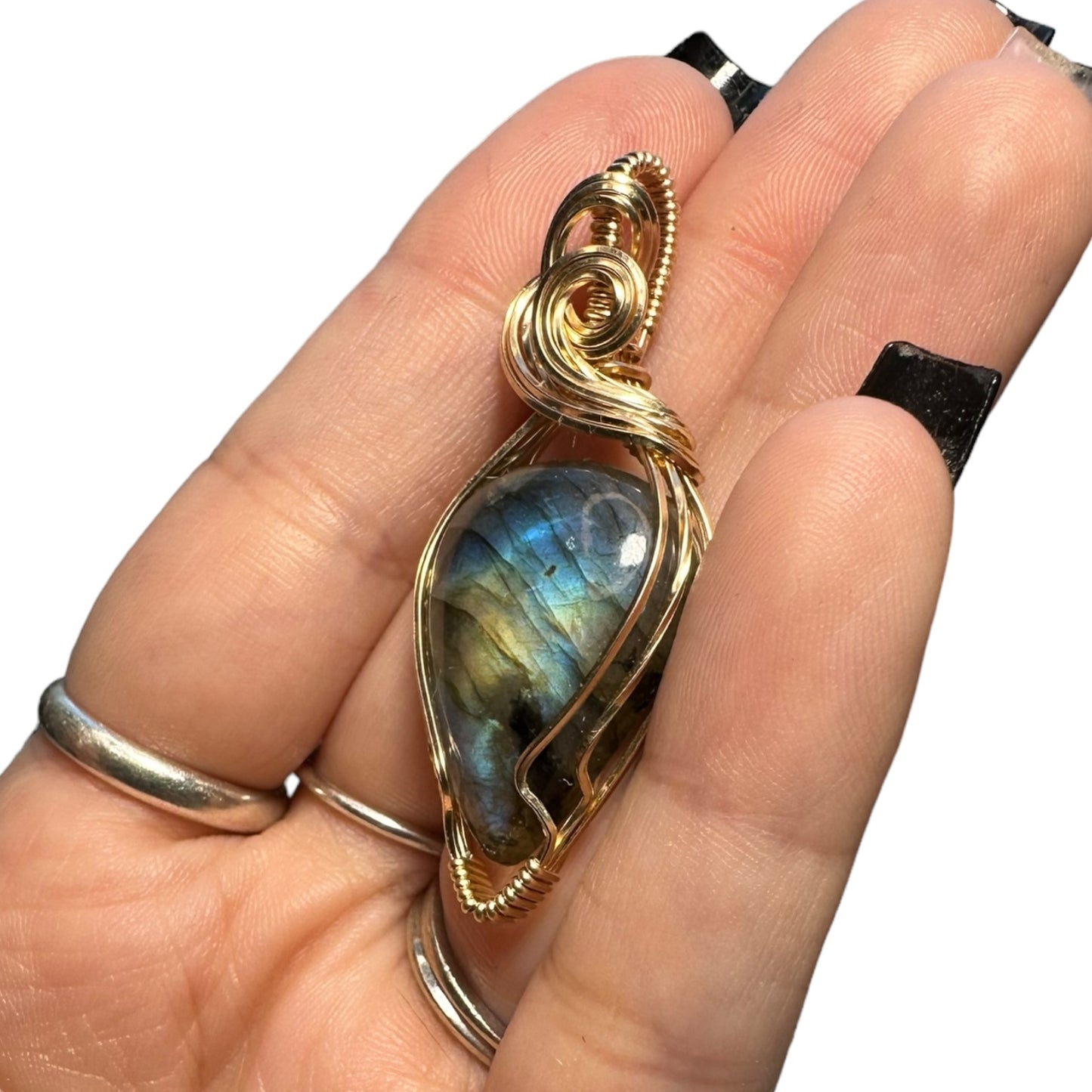 14KT Gold Filled Wire Wrapped Labradorite Teardrop Crystal Bezel Pendant