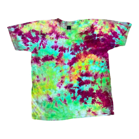 Youth Medium Lime Green Fuschia Yellow and Blue Scrunch Ice Dye Tie Dye Shirt