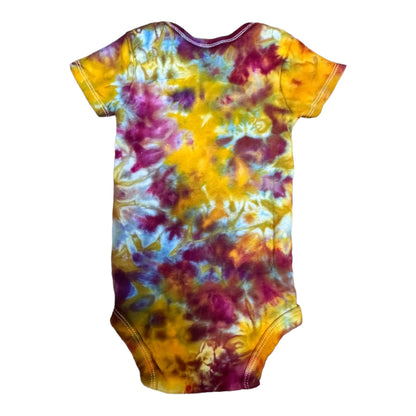 Infant 12 Months Blue Green Yellow and Maroon Scrunch Ice Dye Tie Dye Onesie