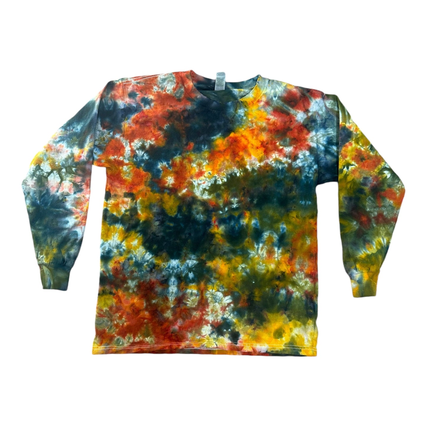 Youth Large Red Golden Yellow and Black Scrunch Ice Dye Tie Dye Long Sleeve Shirt