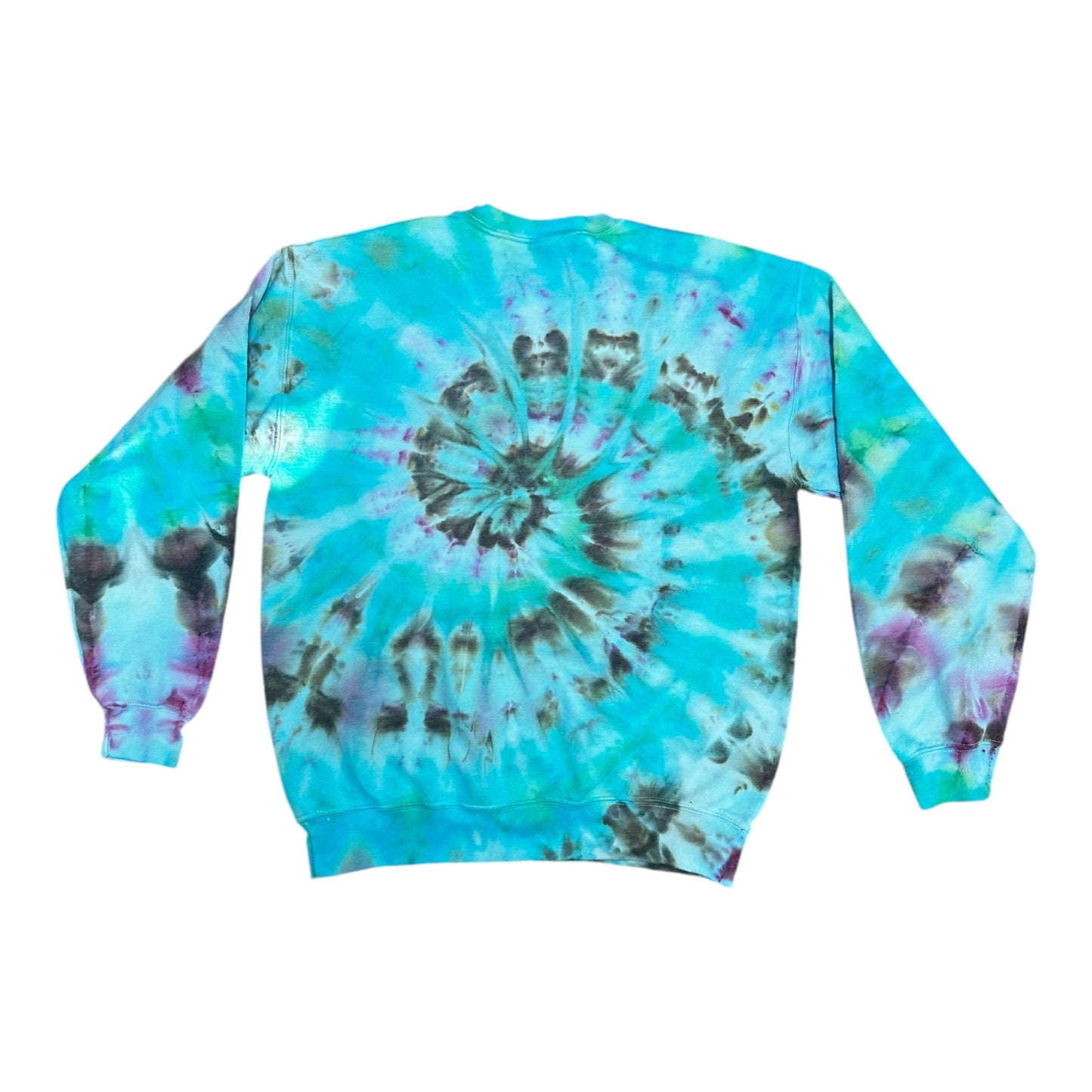 Adult Medium Black Green Purple and Blue Spiral Ice Tie Dye Crewneck Sweater