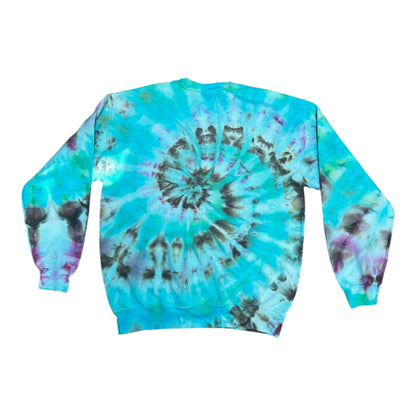 Adult Medium Black Green Purple and Blue Spiral Ice Tie Dye Crewneck Sweater