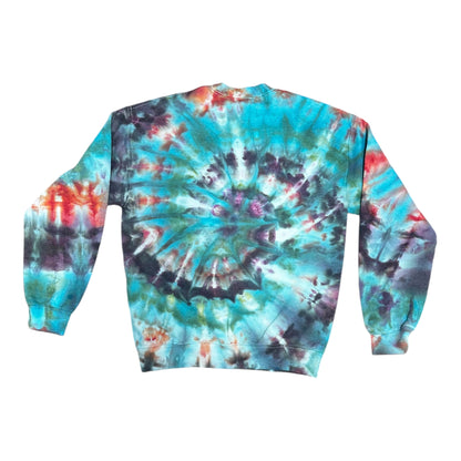 Adult Medium Coral Turquoise and Purple Spiral Ice Dye Tie Dye Crewneck Sweater