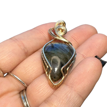 14KT Gold Filled Wire Wrapped Labradorite Teardrop Crystal Bezel Pendant