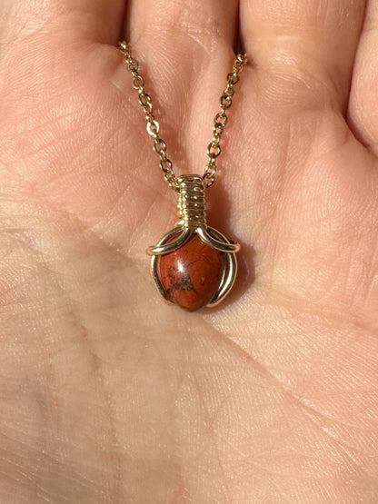 Sterling Silver | 14KT Gold Filled Mini Teardrop Red Jasper Wishbone Wire Wrapped Pendant