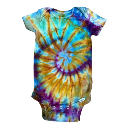 Infant 12 Months Green Blue Purple Yellow and Orange Spiral Ice Dye Tie Dye Onesie