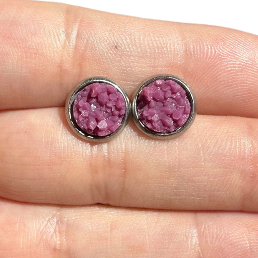 8MM Hypoallergenic Purple Faux Druzy Earring Studs