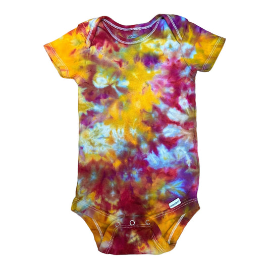 Infant 12 Months Blue Green Yellow and Maroon Scrunch Ice Dye Tie Dye Onesie