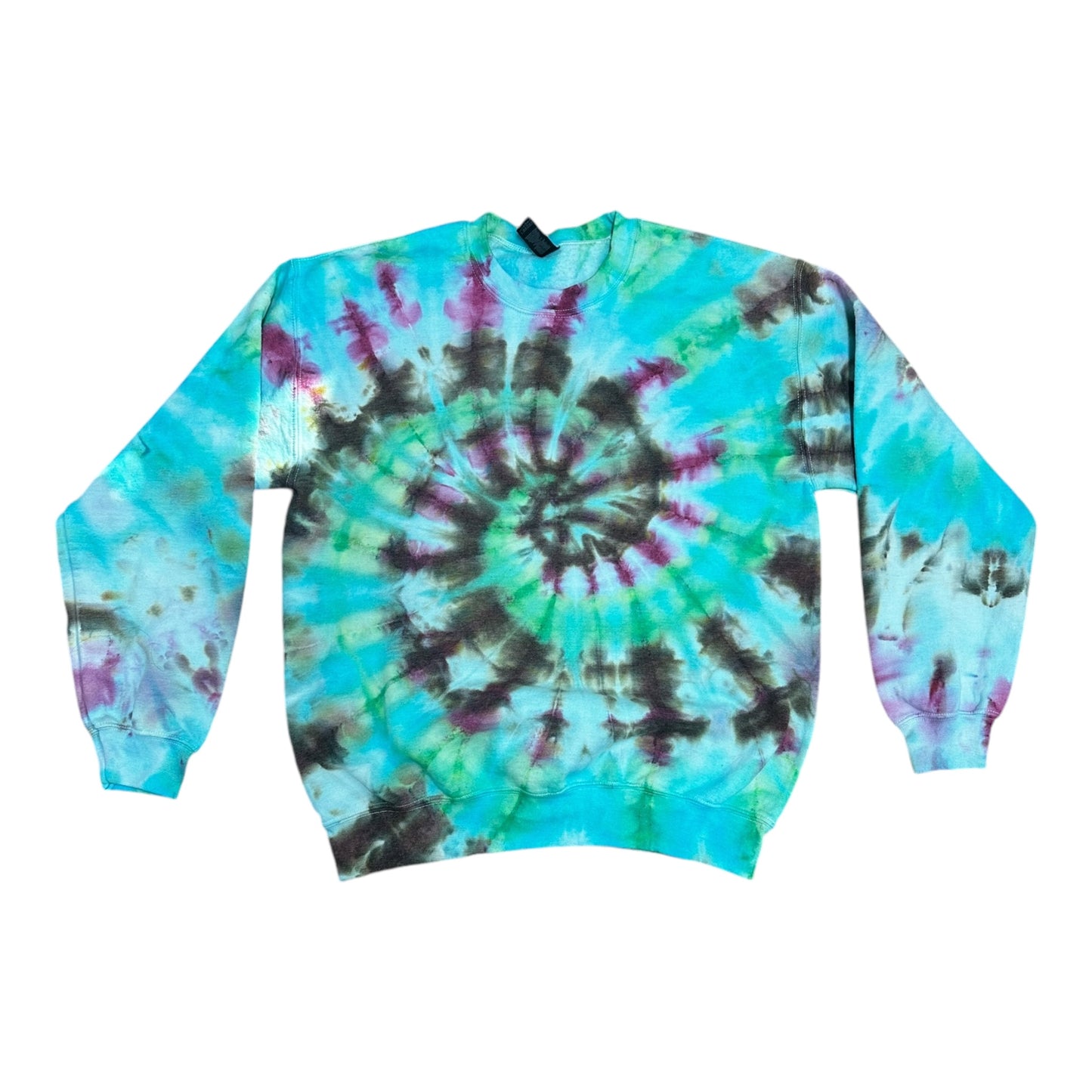 Adult Medium Black Green Purple and Blue Spiral Ice Tie Dye Crewneck Sweater