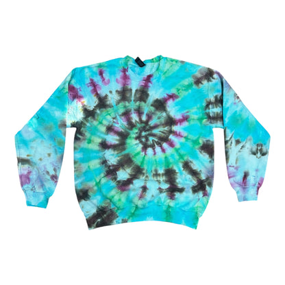 Adult Medium Black Green Purple and Blue Spiral Ice Tie Dye Crewneck Sweater