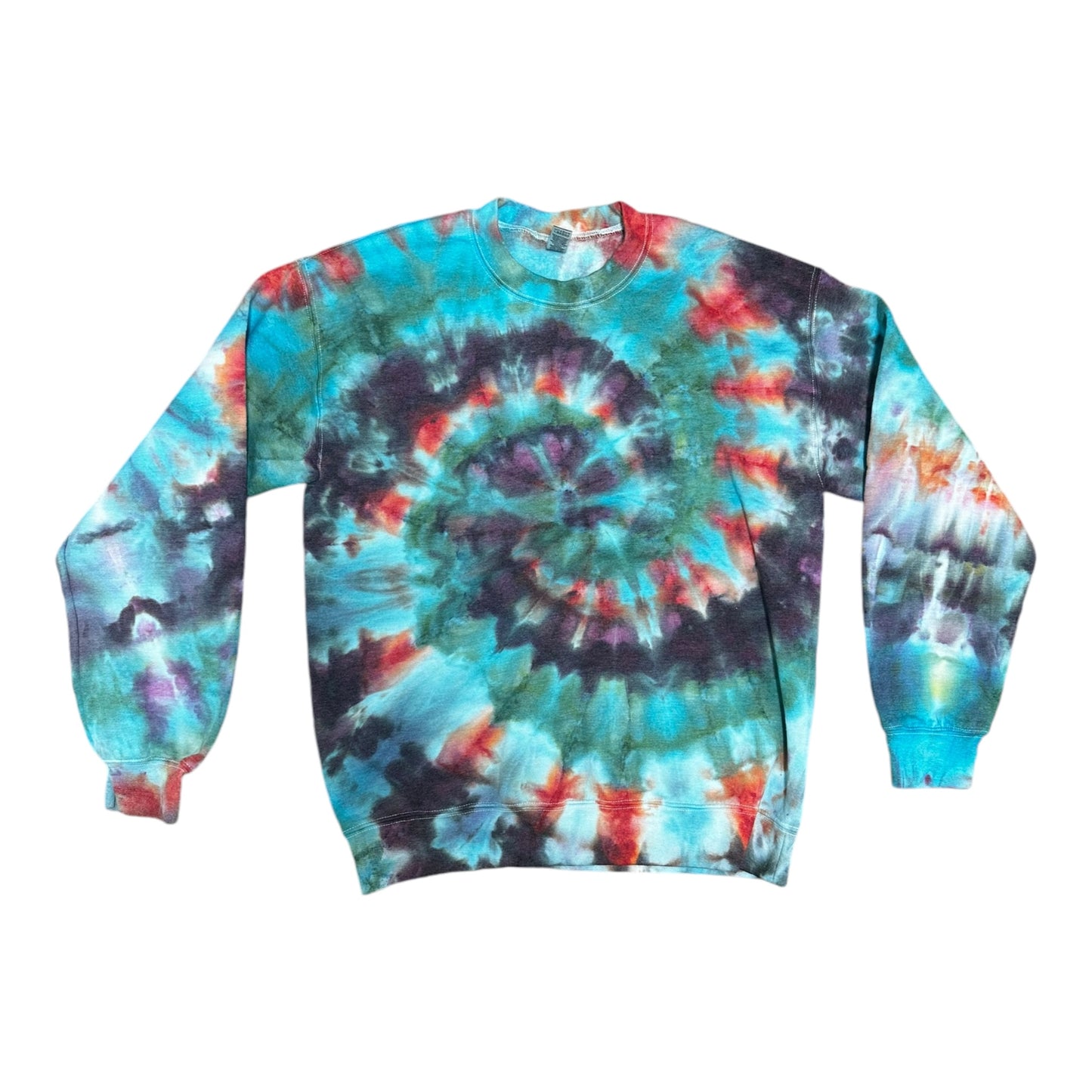 Adult Medium Coral Turquoise and Purple Spiral Ice Dye Tie Dye Crewneck Sweater