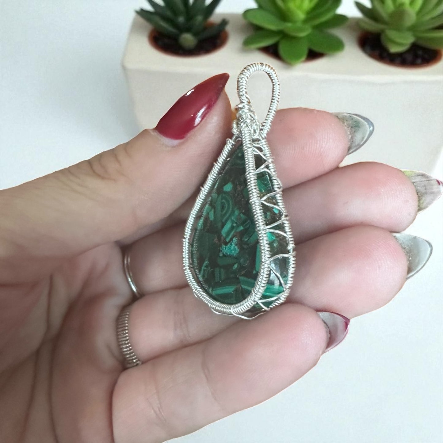 925 Sterling Silver Wire Wrapped Malachite in Copper Crystal Pendant