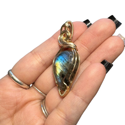 14KT Gold Filled Wire Wrapped Labradorite Teardrop Crystal Bezel Pendant