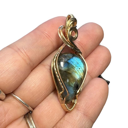 14KT Gold Filled Wire Wrapped Labradorite Teardrop Crystal Bezel Pendant