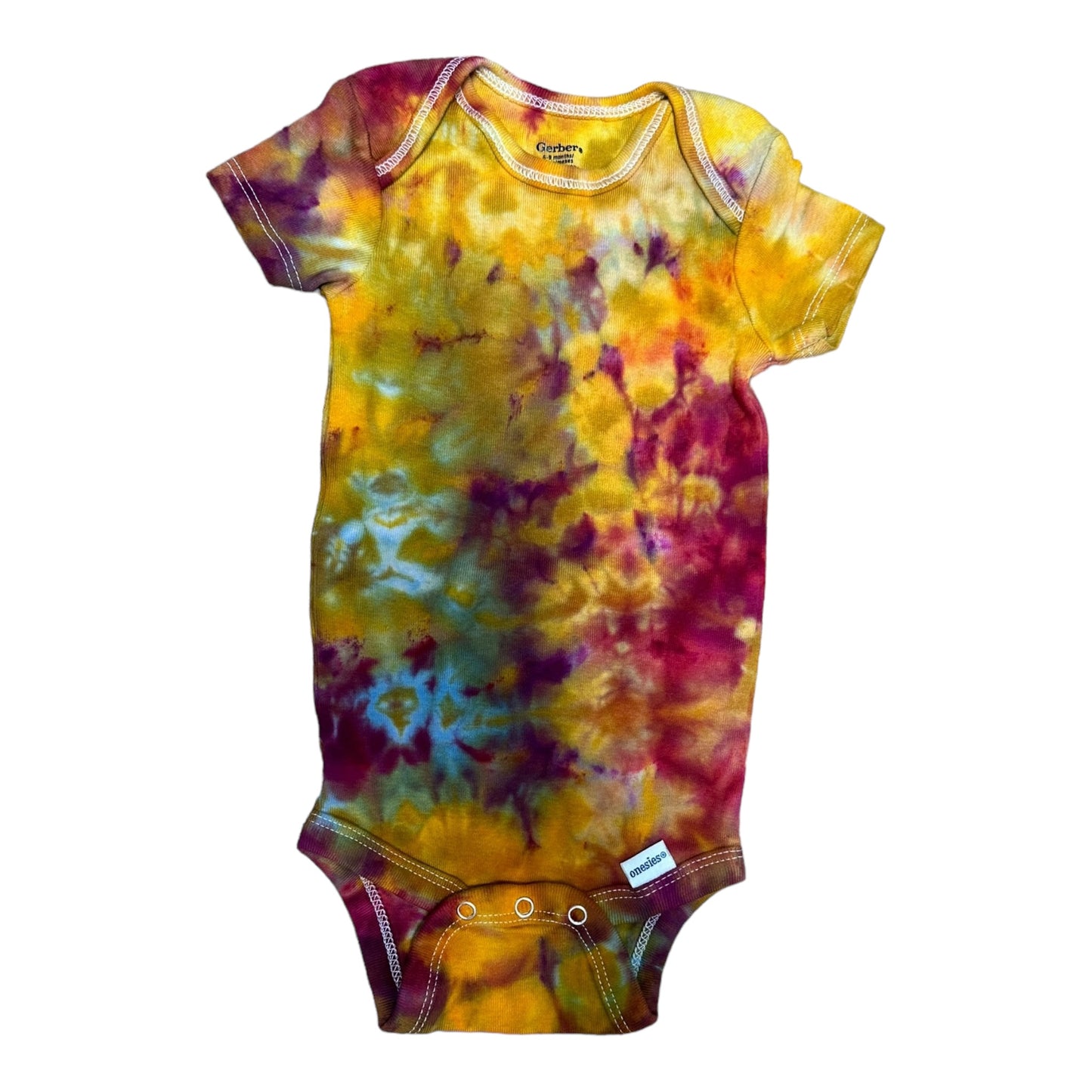 Infant 6-9 Months Blue Green Yellow and Maroon Scrunch Ice Dye Tie Dye Onesie***