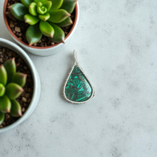 925 Sterling Silver Wire Wrapped Malachite in Copper Crystal Pendant